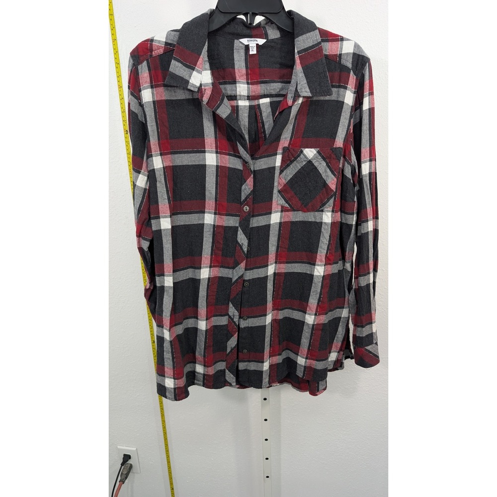 Sonoma Goods For Life Womens XL Plaid Flannel Shirt Red Grey Metallic‎ Button Up